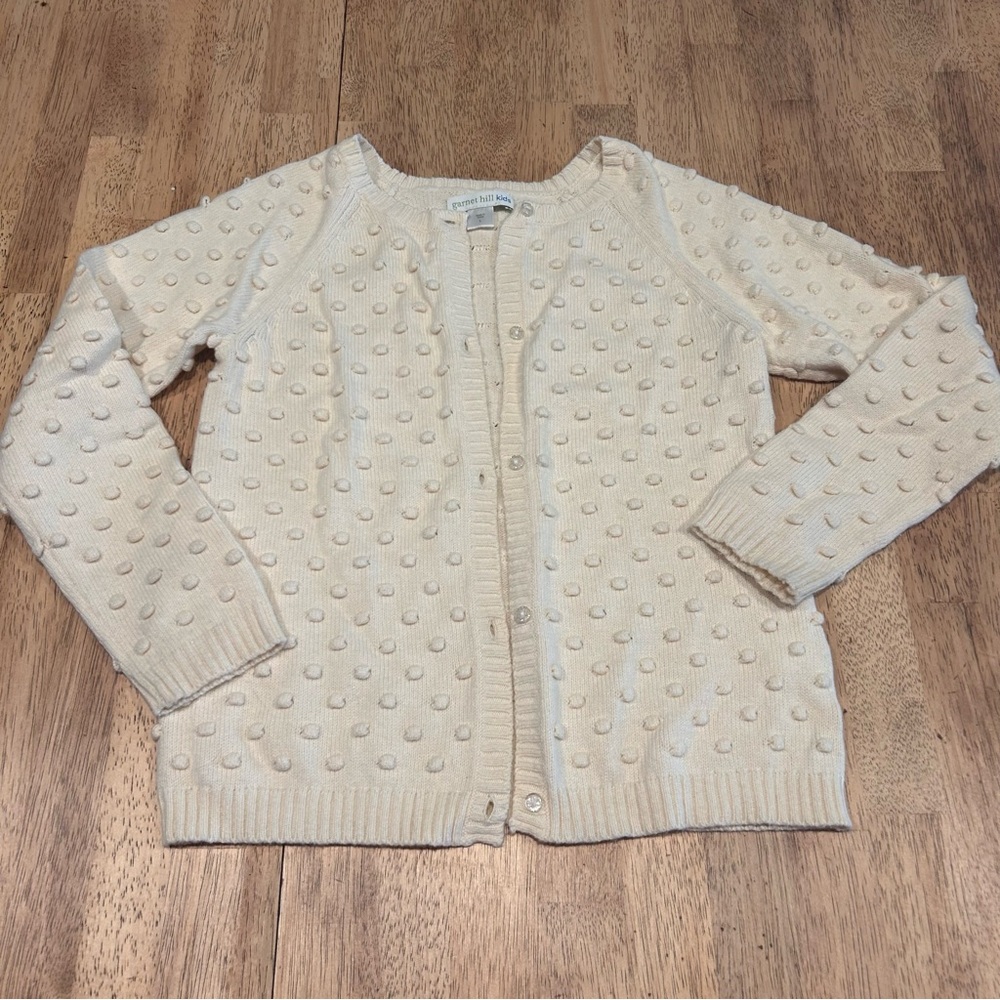 Garnet Hill Cardigan Kids Size L Cream Pom Pom Bobble Cotton Merino Wool Sweater